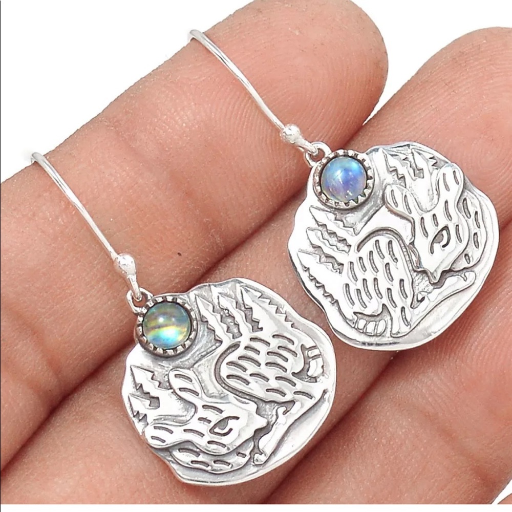 Moonstone Deer Earrings Silver Boho Moon Rainbow